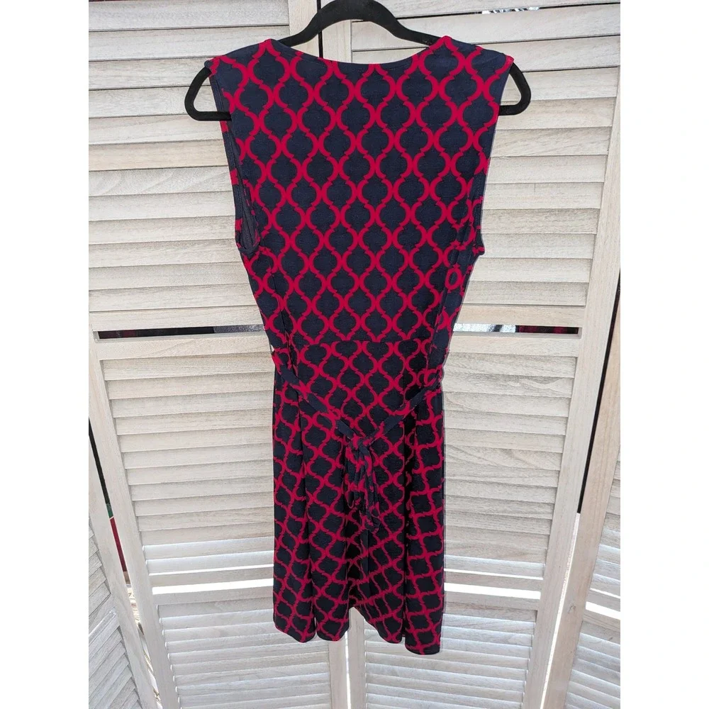 Hawthorn Womens XL Faux Wrap Dress Red Navy Blue Trellis Geometric Sleeveless - Picture 3 of 5